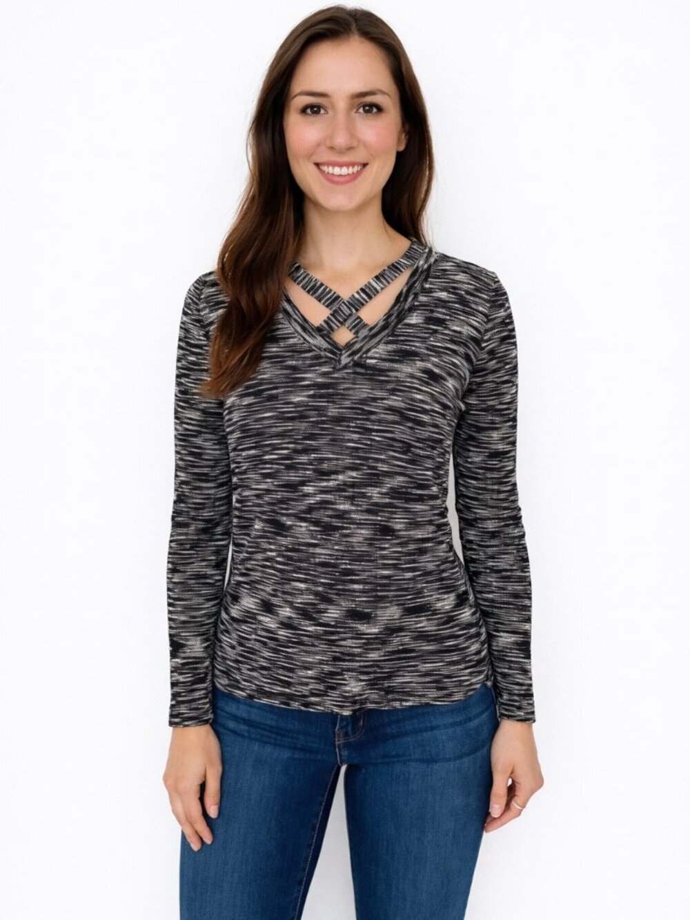 NWT Kim Rogers Petite M Space-Dye V-Neck Sweater w/ Crisscross Detail